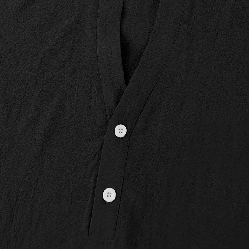 Buddha Stones Solid Summer Short Sleeve Half Buttons Linen Men's Shirt - image 3