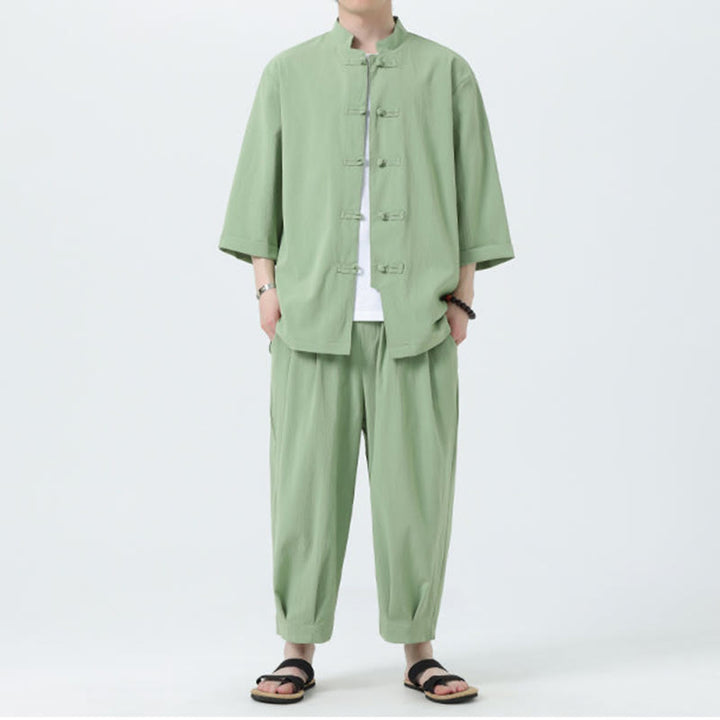 Buddha Stones 2Pcs Solid Frog-Button Three Quarter Sleeve Shirt Pants Men's Set - image 37