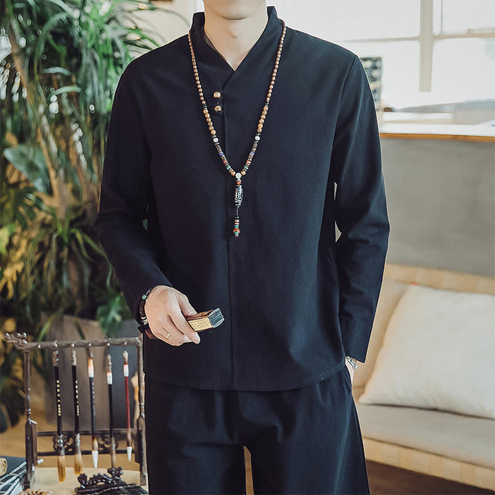 Buddha Stones 2Pcs Cotton Shirt Ankle-Length Pants With Pockets Men's Meditation Cloth Set - image 12