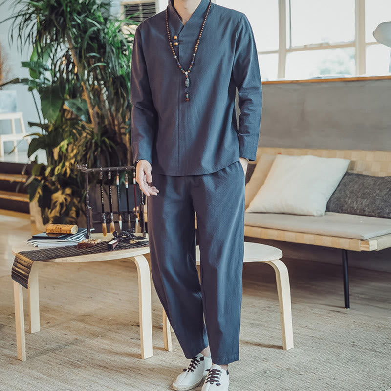 Buddha Stones 2Pcs Cotton Shirt Ankle-Length Pants With Pockets Men's Meditation Cloth Set - SteelBlue - US/UK/AU44，EU54 (5XL) - image 34