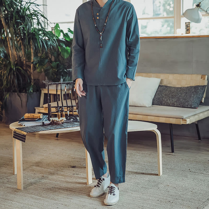 Buddha Stones 2Pcs Cotton Shirt Ankle-Length Pants With Pockets Men's Meditation Cloth Set - Teal - US/UK/AU44，EU54 (5XL) - image 18