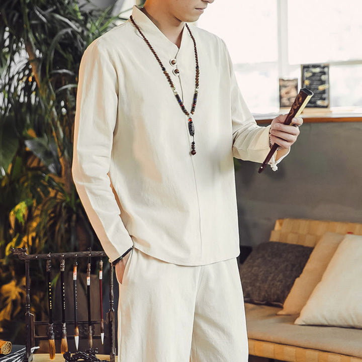 Buddha Stones 2Pcs Cotton Shirt Ankle-Length Pants With Pockets Men's Meditation Cloth Set - image 4