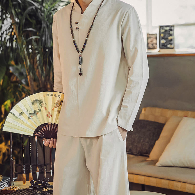 Buddha Stones 2Pcs Cotton Shirt Ankle-Length Pants With Pockets Men's Meditation Cloth Set - image 6