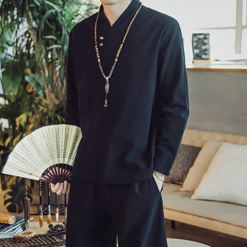 Buddha Stones 2Pcs Cotton Shirt Ankle-Length Pants With Pockets Men's Meditation Cloth Set - image 15