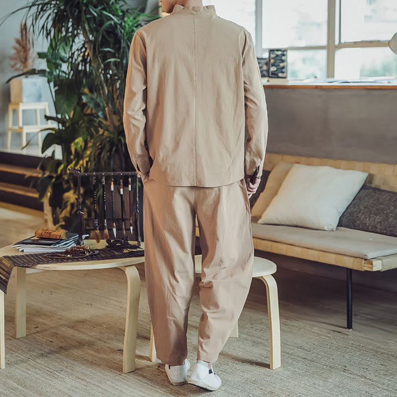 Buddha Stones 2Pcs Cotton Shirt Ankle-Length Pants With Pockets Men's Meditation Cloth Set - image 28