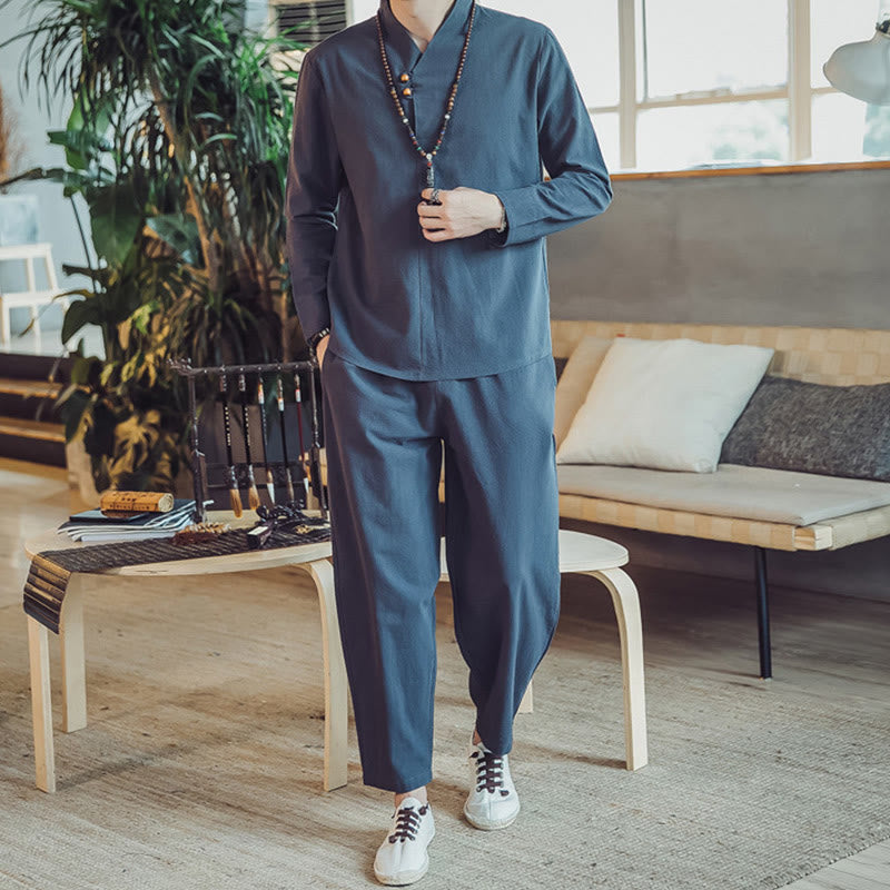 Buddha Stones 2Pcs Cotton Shirt Ankle-Length Pants With Pockets Men's Meditation Cloth Set - image 35