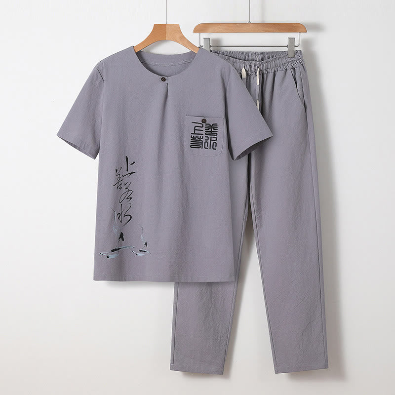 Buddha Stones 2Pcs Chinese Characters Crane Cotton Shirt Pants With Pockets Men's Meditation Cloth Set - LightGrey - US/UK/AU46，EU56 (5XL) - image 0