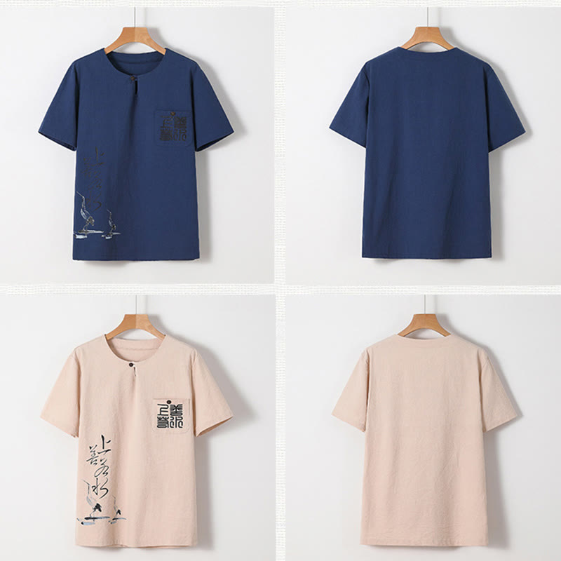 Buddha Stones 2Pcs Chinese Characters Crane Cotton Shirt Pants With Pockets Men's Meditation Cloth Set - image 3