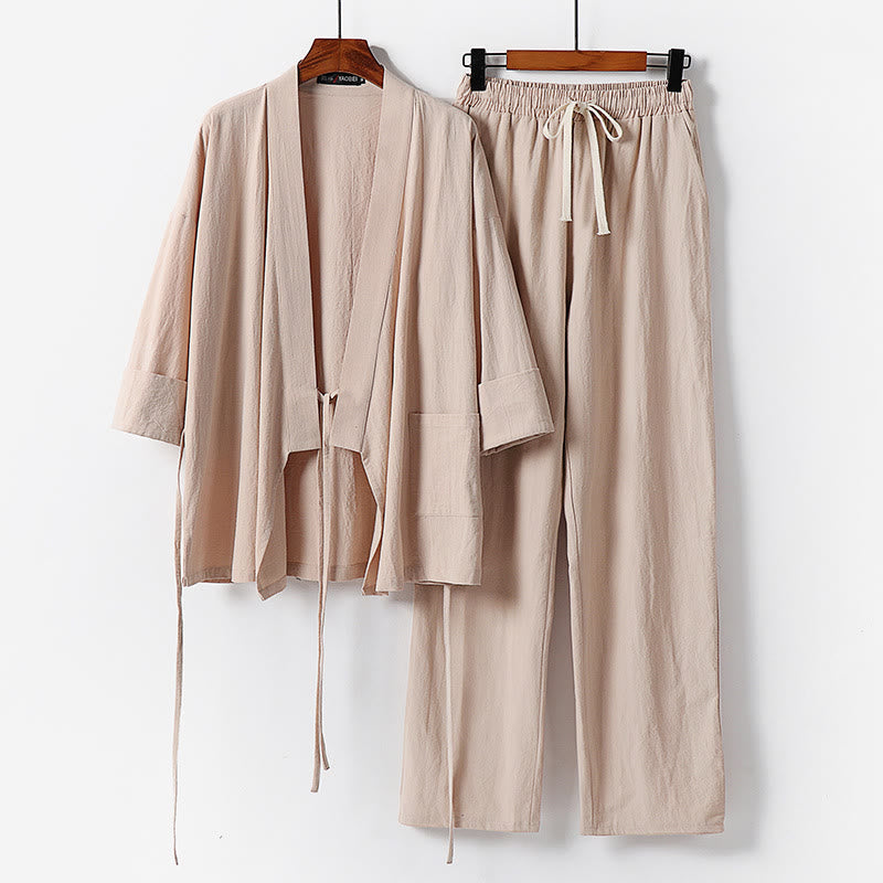 Buddha Stones 2Pcs Lace-up Cotton Kimono Pants With Pockets Men's Meditation Cloth Set - Wheat - US/UK/AU54，EU64 (9XL) - image 9