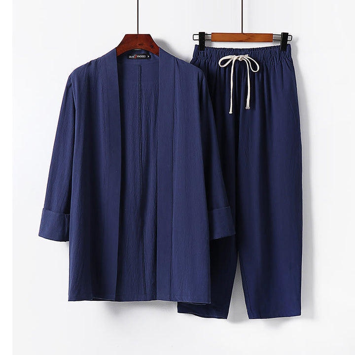 Buddha Stones 2Pcs Cotton Kimono Ankle-Length Pants Men's Meditation Cloth Set - SteelBlue - US/UK/AU54，EU64 (9XL) - image 13