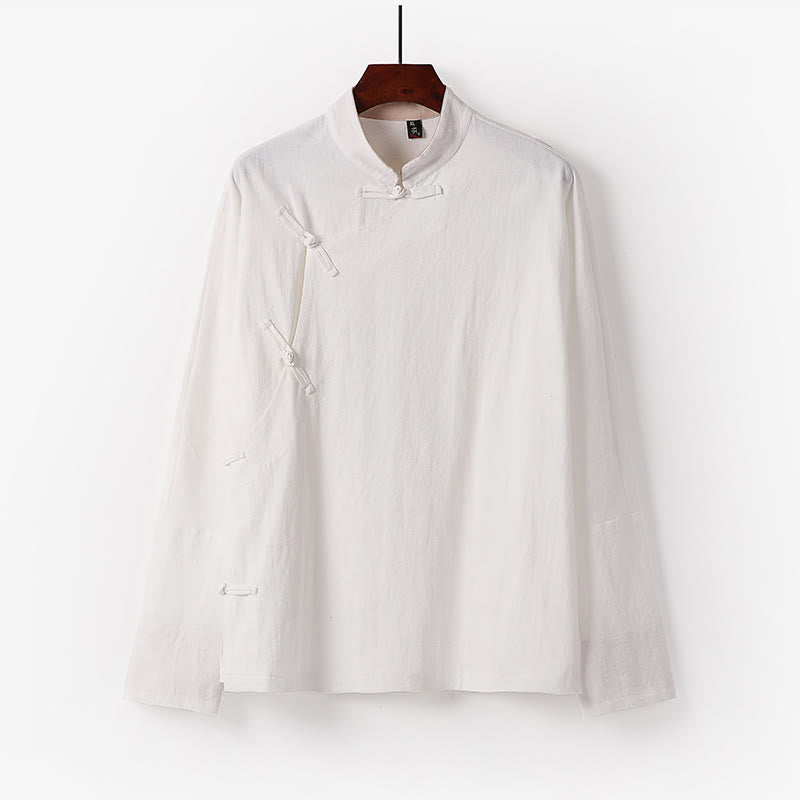 Buddha Stones Vintage Plain Chinese Frog-Button Cotton Long Sleeve Men's Shirt - White - US/UK/AU50，EU60 (7XL) - image 1