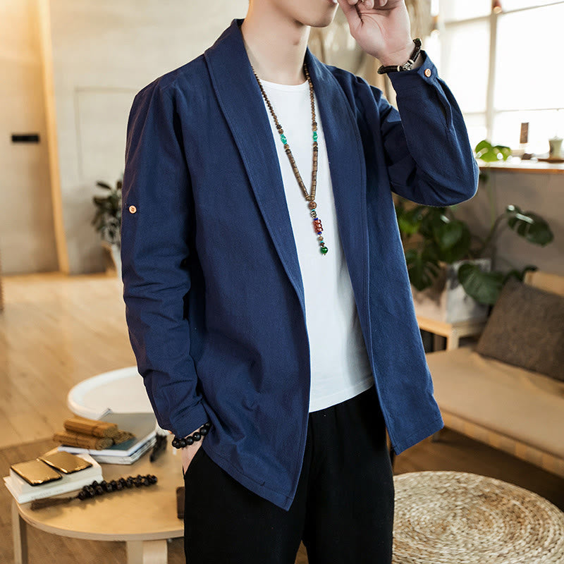 Buddha Stones Vintage Plain Lapel Open Front Jacket Cotton Men's Kimono - image 1