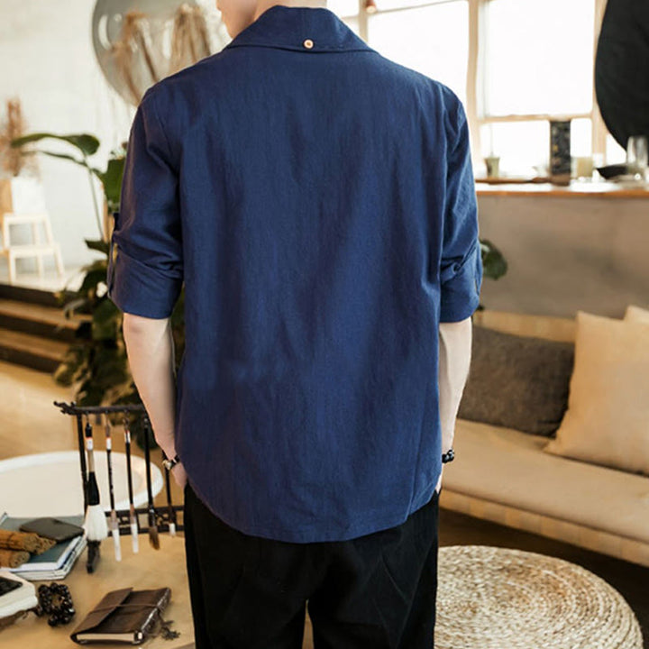 Buddha Stones Vintage Plain Lapel Open Front Jacket Cotton Men's Kimono - image 2