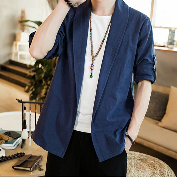 Buddha Stones Vintage Plain Lapel Open Front Jacket Cotton Men's Kimono - image 4