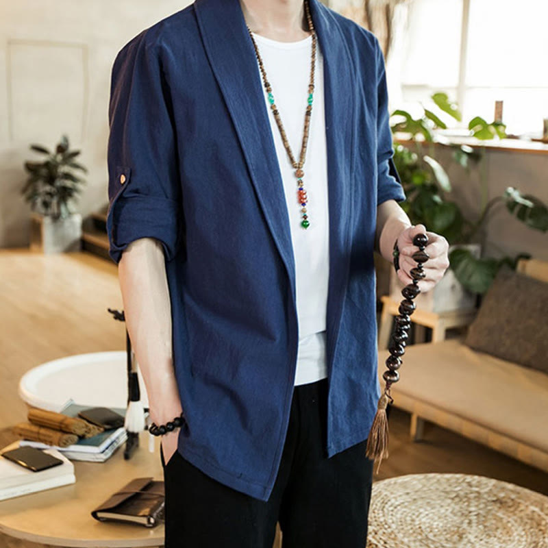 Buddha Stones Vintage Plain Lapel Open Front Jacket Cotton Men's Kimono - image 3