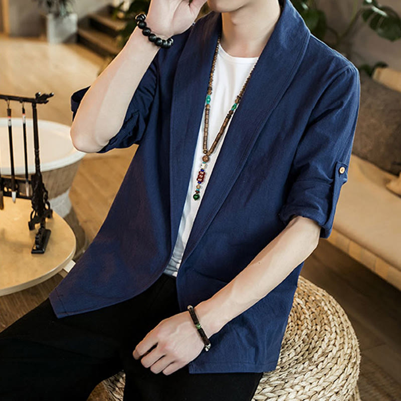 Buddha Stones Vintage Plain Lapel Open Front Jacket Cotton Men's Kimono - image 7