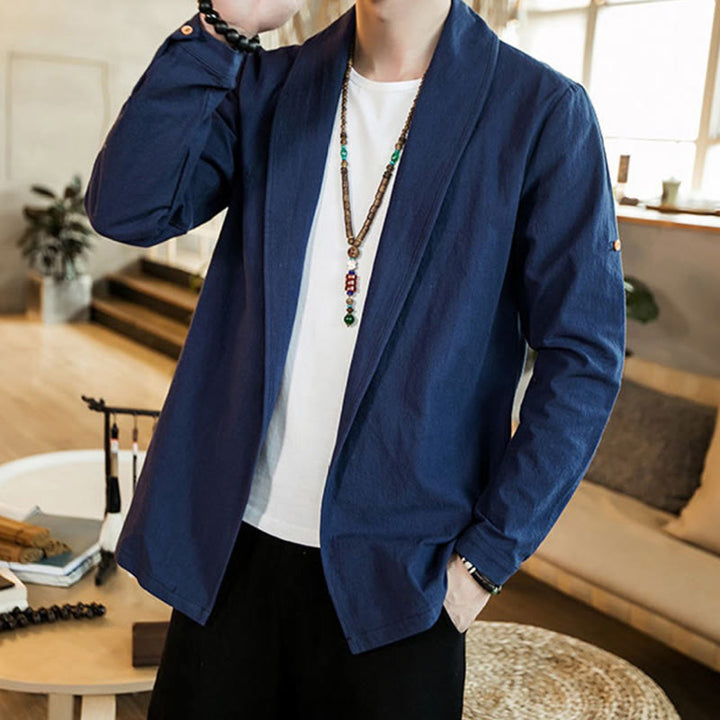 Buddha Stones Vintage Plain Lapel Open Front Jacket Cotton Men's Kimono - image 6