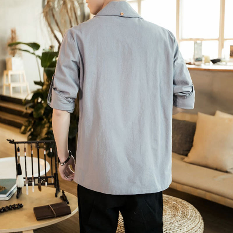 Buddha Stones Vintage Plain Lapel Open Front Jacket Cotton Men's Kimono - image 10