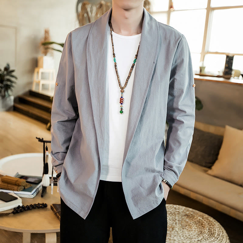 Buddha Stones Vintage Plain Lapel Open Front Jacket Cotton Men's Kimono - image 9