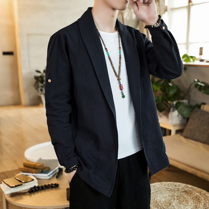 Buddha Stones Vintage Plain Lapel Open Front Jacket Cotton Men's Kimono - image 18