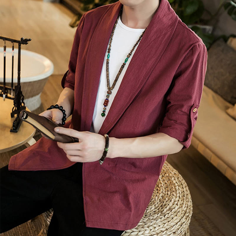 Buddha Stones Vintage Plain Lapel Open Front Jacket Cotton Men's Kimono - image 21