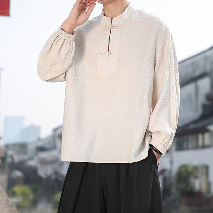 Buddha Stones Two Frog-Button Stand Collar Long Sleeve Men's Cotton Shirt - image 14