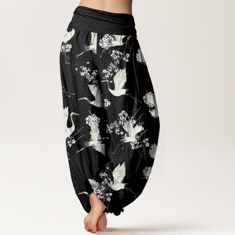 Buddha Stones Cotton Casual Elegant Crane Flower Pattern Women's Elastic Waist Harem Pants - image 2