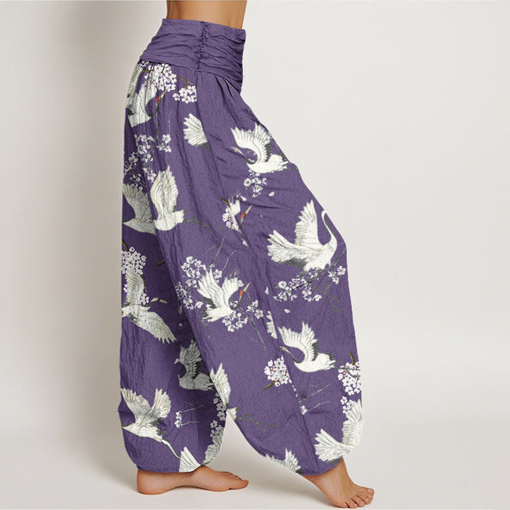 Buddha Stones Cotton Casual Elegant Crane Flower Pattern Women's Elastic Waist Harem Pants - image 8