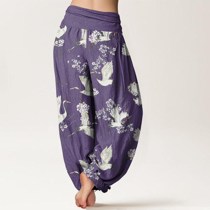 Buddha Stones Casual Elegant Crane Flower Pattern Women's Elastic Waist Harem Pants - image 9