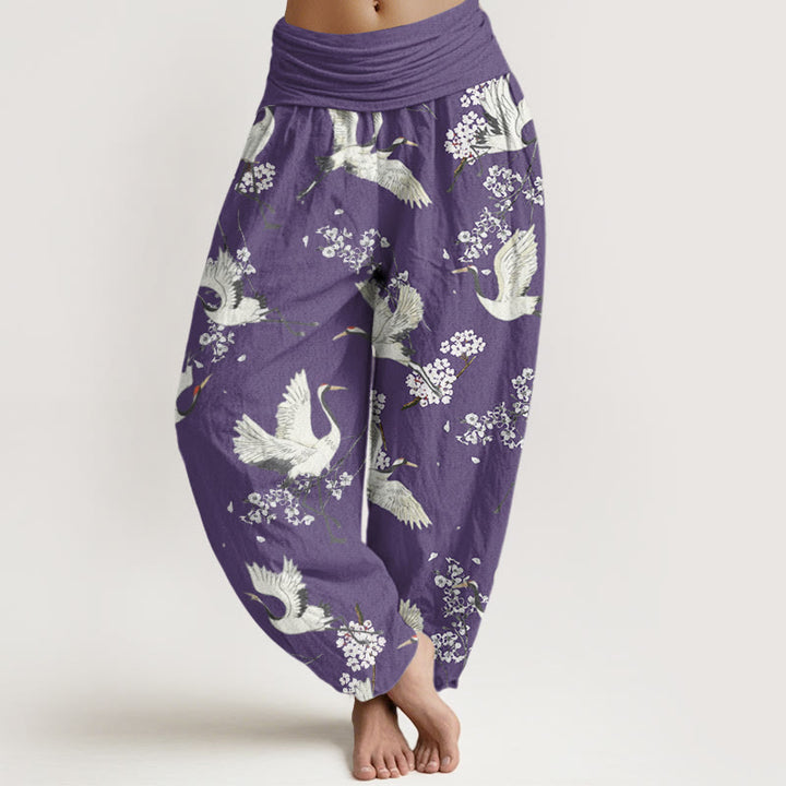 Buddha Stones Casual Elegant Crane Flower Pattern Women's Elastic Waist Harem Pants - MediumPurple - US22，UK/AU26，EU54 (6XL) - image 7