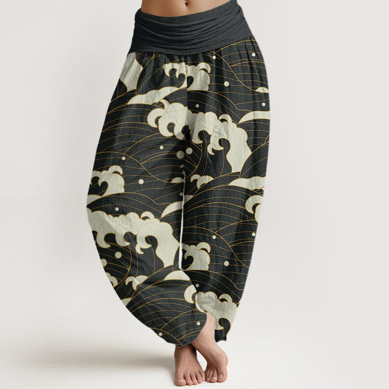 Buddha Stones Casual Abstract Wave Pattern Women's Elastic Waist Harem Pants - Black - US22，UK/AU26，EU54 (6XL) - image 0