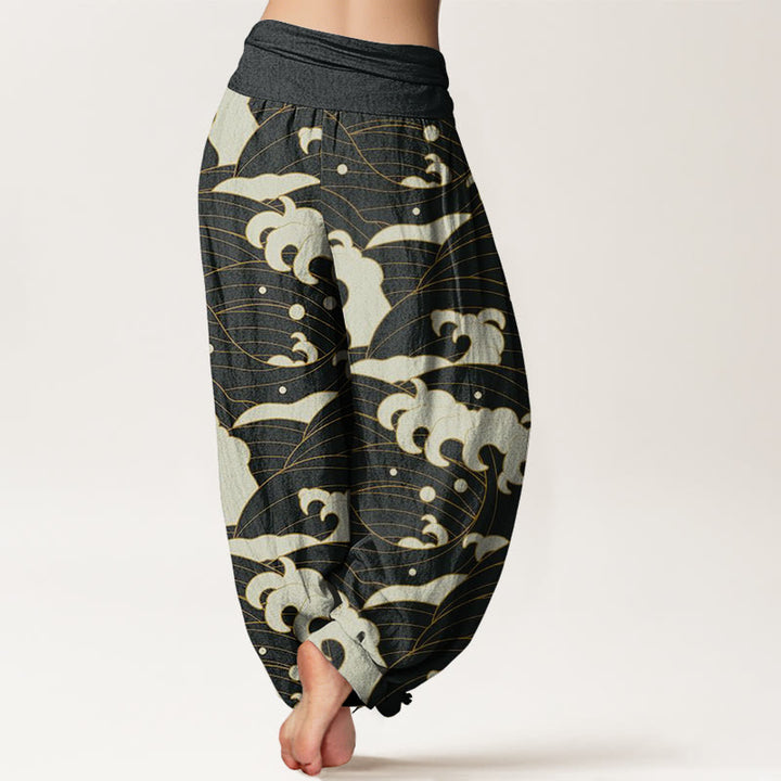 Buddha Stones Cotton Casual Abstract Wave Pattern Women's Elastic Waist Harem Pants - image 2