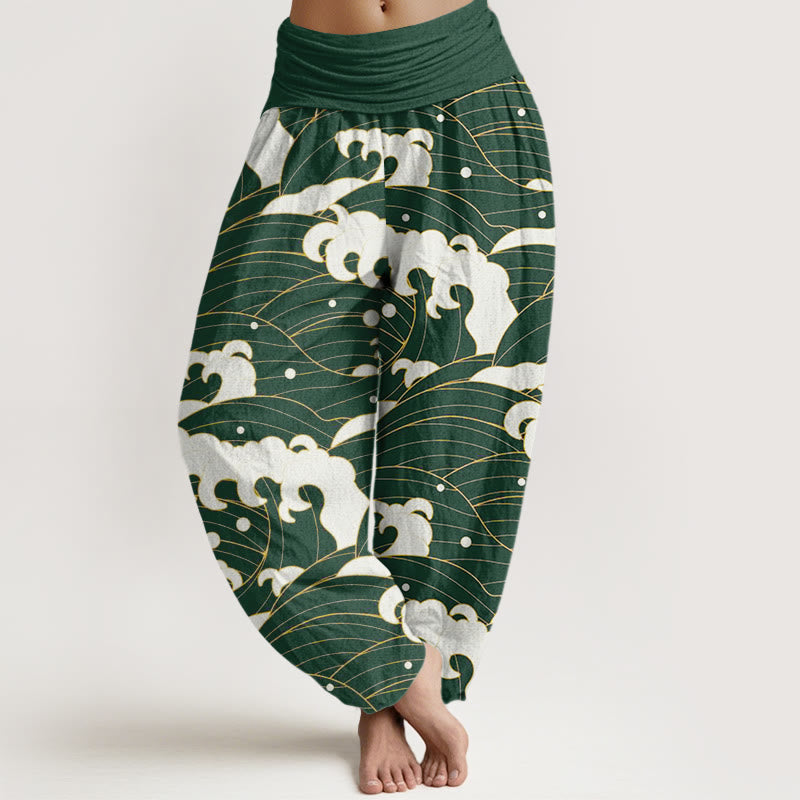 Buddha Stones Casual Abstract Wave Pattern Women's Elastic Waist Harem Pants - Green - US22，UK/AU26，EU54 (6XL) - image 4