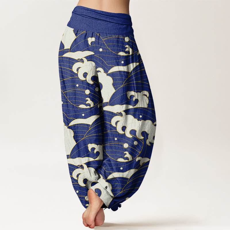 Buddha Stones Cotton Casual Abstract Wave Pattern Women's Elastic Waist Harem Pants - image 9