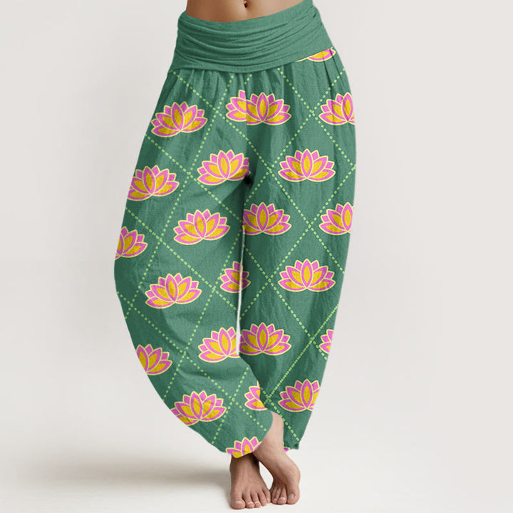 Buddha Stones Casual Vibrant Lotus Flower Pattern Women's Elastic Waist Harem Pants - MediumSeaGreen - US22，UK/AU26，EU54 (6XL) - image 1