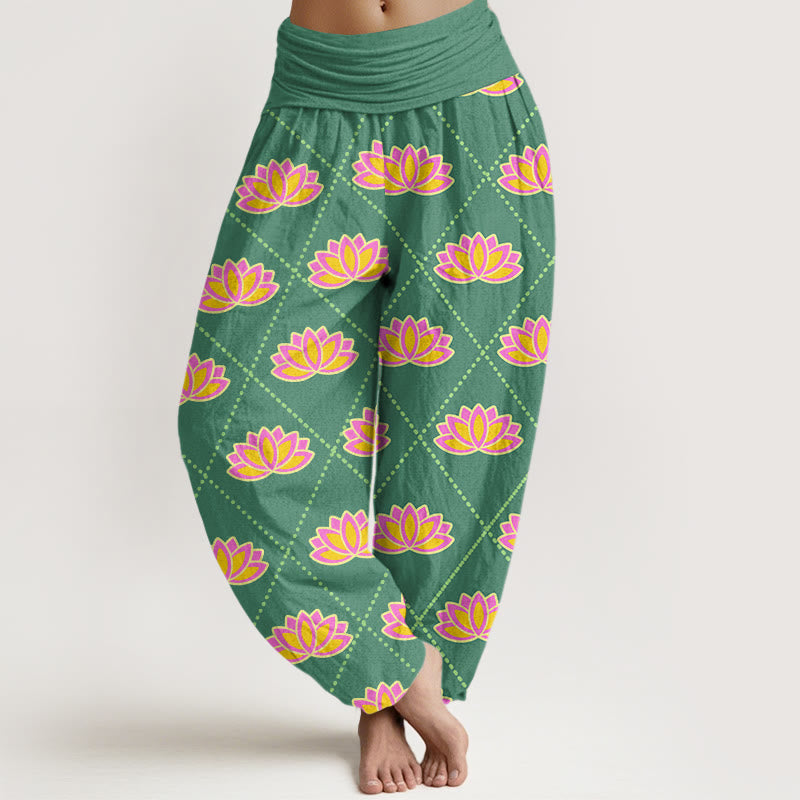 Buddha Stones Casual Vibrant Lotus Flower Pattern Women's Elastic Waist Harem Pants - MediumSeaGreen - US22，UK/AU26，EU54 (6XL) - image 0