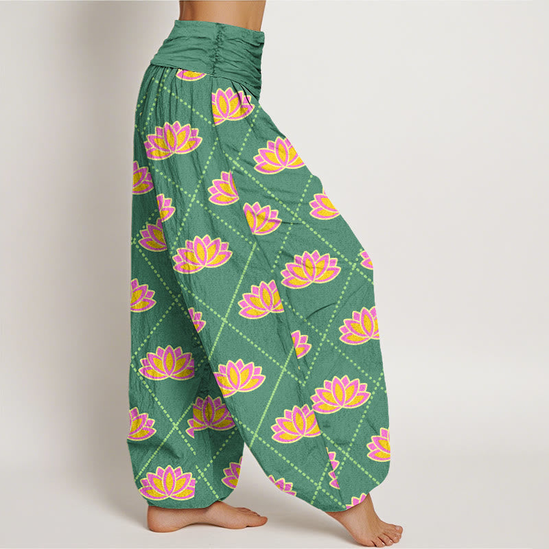 Buddha Stones Casual Vibrant Lotus Flower Pattern Women's Elastic Waist Harem Pants - image 1