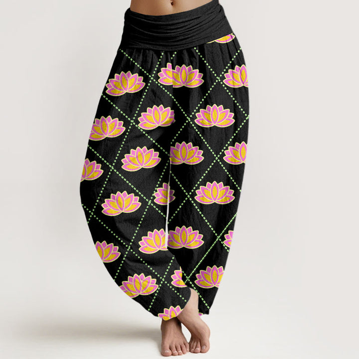 Buddha Stones Casual Vibrant Lotus Flower Pattern Women's Elastic Waist Harem Pants - Black - US22，UK/AU26，EU54 (6XL) - image 5
