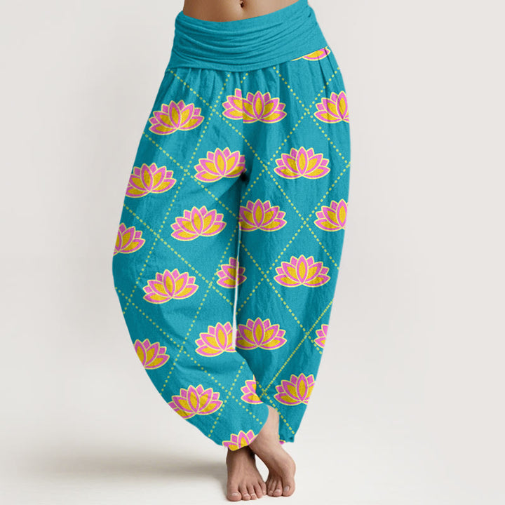 Buddha Stones Casual Vibrant Lotus Flower Pattern Women's Elastic Waist Harem Pants - DeepSkyBlue - US22，UK/AU26，EU54 (6XL) - image 8