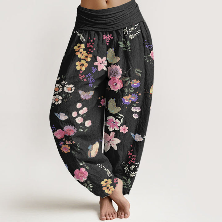 Buddha Stones Casual Colorful Flowers Butterfly Pattern Women's Elastic Waist Harem Pants - Black - US22，UK/AU26，EU54 (6XL) - image 0