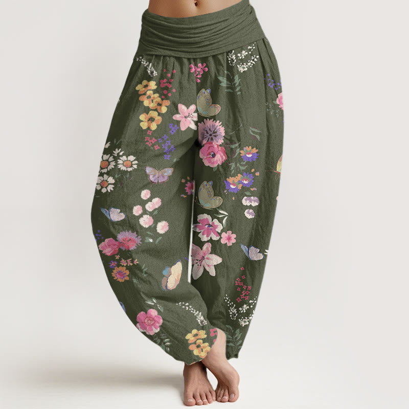 Buddha Stones Casual Colorful Flowers Butterfly Pattern Women's Elastic Waist Harem Pants - DarkOliveGreen - US22，UK/AU26，EU54 (6XL) - image 5