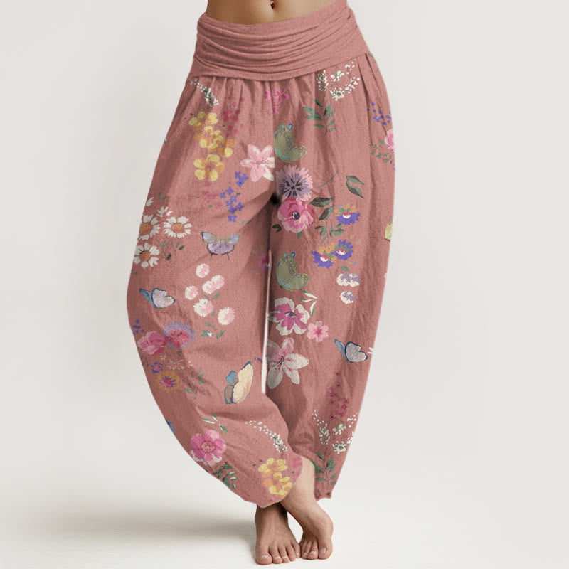 Buddha Stones Casual Colorful Flowers Butterfly Pattern Women's Elastic Waist Harem Pants - PaleVioletRed - US22，UK/AU26，EU54 (6XL) - image 7