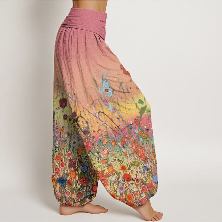 Buddha Stones Casual Colorful Flowers Gradient Background Pattern Women's Elastic Waist Harem Pants - image 2