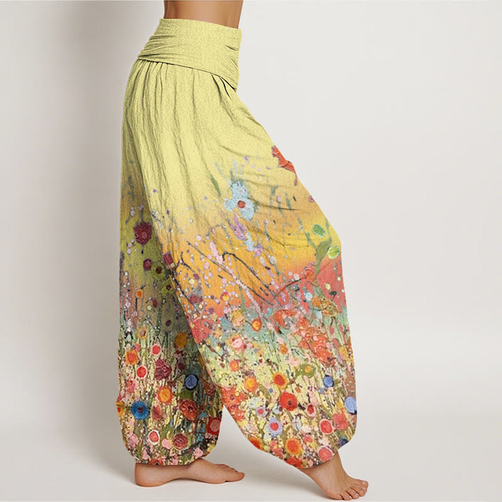 Buddha Stones Cotton Casual Colorful Flowers Gradient Background Pattern Women's Elastic Waist Harem Pants - image 5