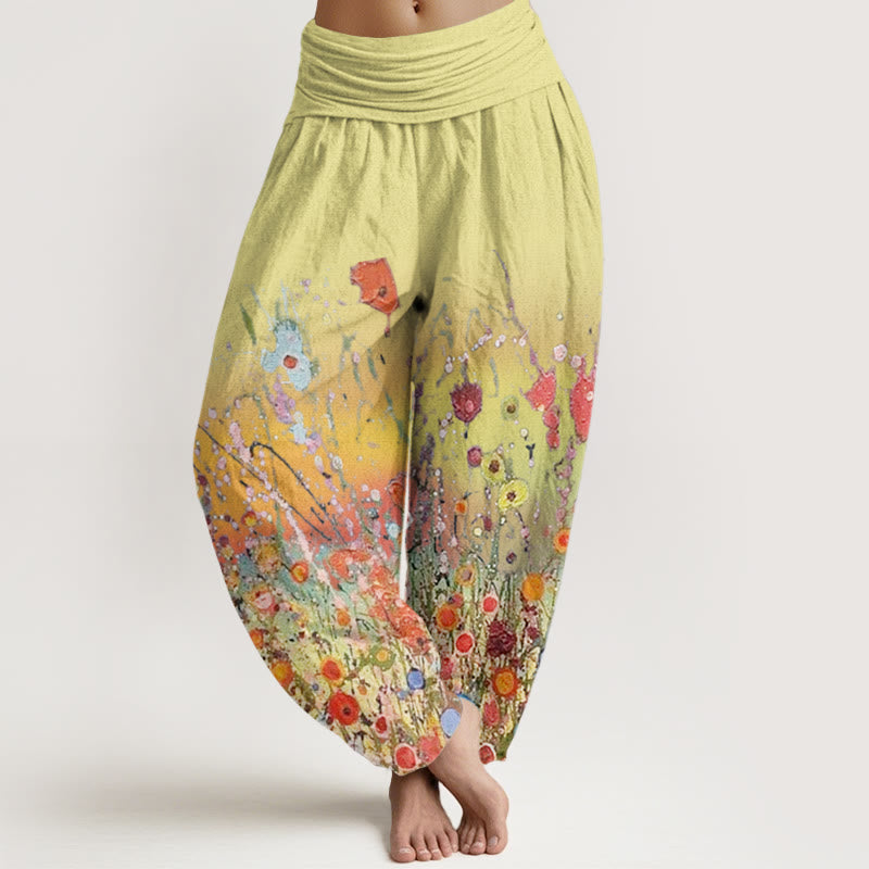 Buddha Stones Cotton Casual Colorful Flowers Gradient Background Pattern Women's Elastic Waist Harem Pants - Khaki - US22，UK/AU26，EU54 (6XL) - image 4