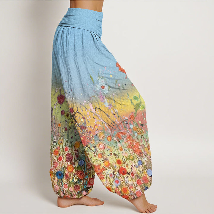 Buddha Stones Casual Colorful Flowers Gradient Background Pattern Women's Elastic Waist Harem Pants - image 9