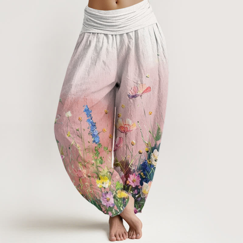 Buddha Stones Casual Watercolor Style Floral Pattern Women's Elastic Waist Harem Pants - Pink - US22，UK/AU26，EU54 (6XL) - image 0