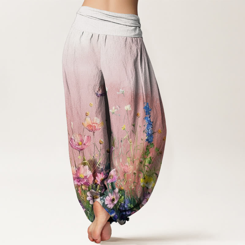 Buddha Stones Cotton Casual Watercolor Style Floral Pattern Women's Elastic Waist Harem Pants - image 2