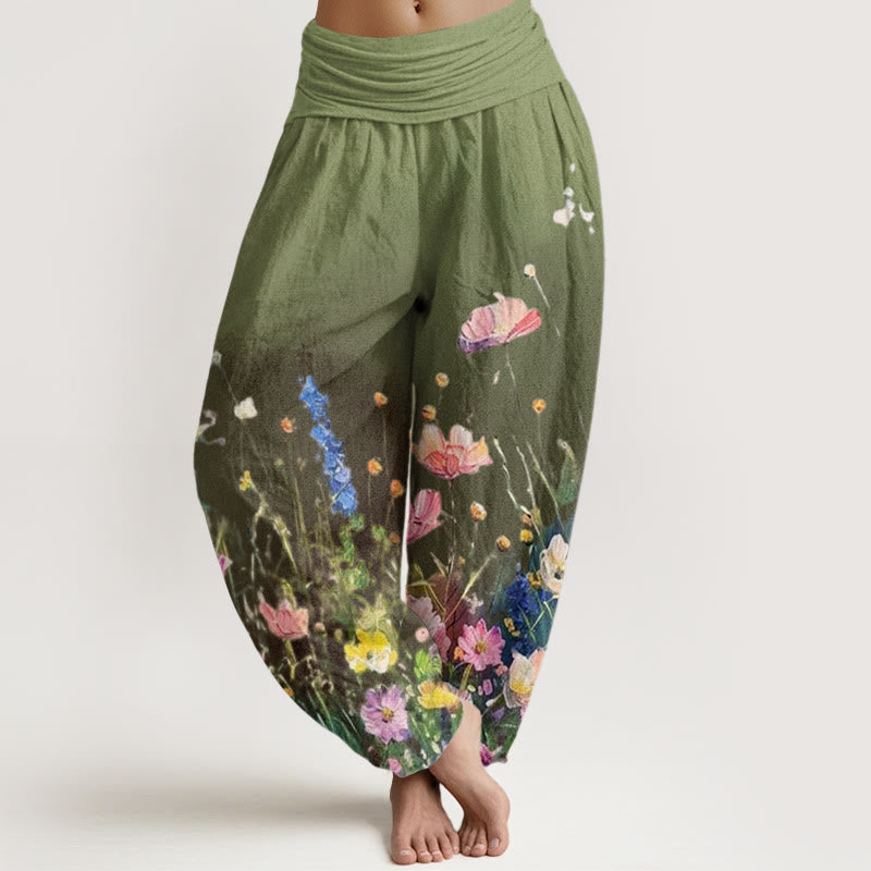 Buddha Stones Cotton Casual Watercolor Style Floral Pattern Women's Elastic Waist Harem Pants - OliveDrab - US22，UK/AU26，EU54 (6XL) - image 4