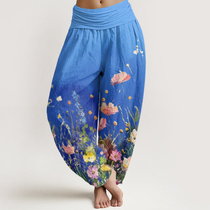 Buddha Stones Casual Watercolor Style Floral Pattern Women's Elastic Waist Harem Pants - DodgerBlue - US22，UK/AU26，EU54 (6XL) - image 8